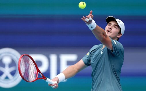 Joao Fonseca hits a forehand during his victory at the Miami Open