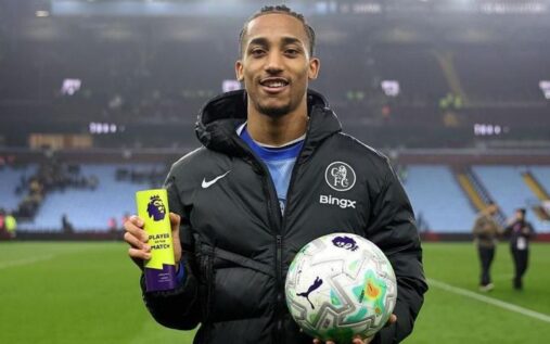Chelsea striker Joao Pedro celebrating his hat-trick against Aston Villa