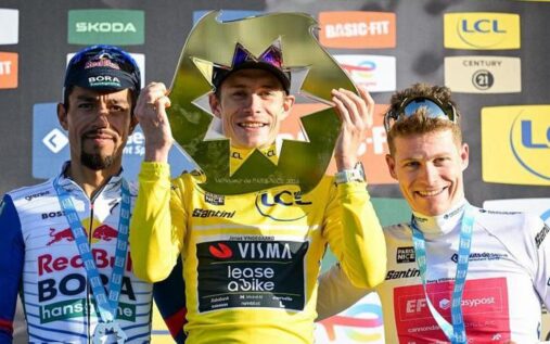 Jonas Vingegaard racing on his bicycle during the final stage of the Paris-Nice