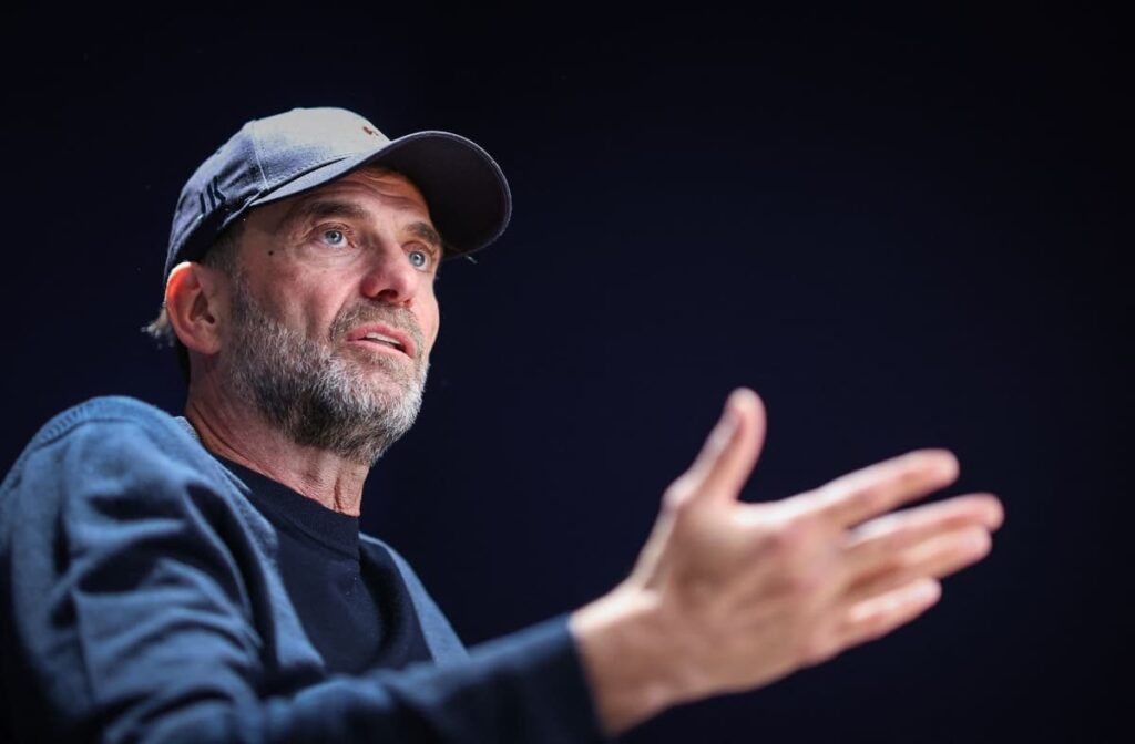 Jurgen Klopp speaking at a press conference in his role with Red Bull