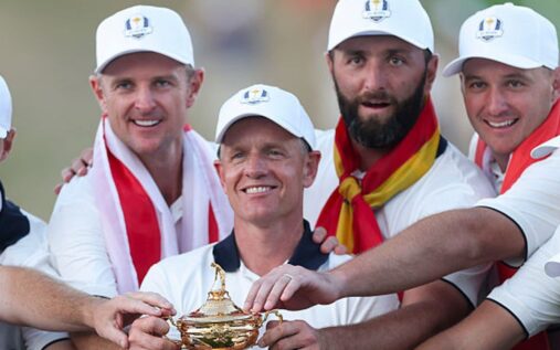 Justin Rose and Jon Rahm looking thoughtful on a golf course