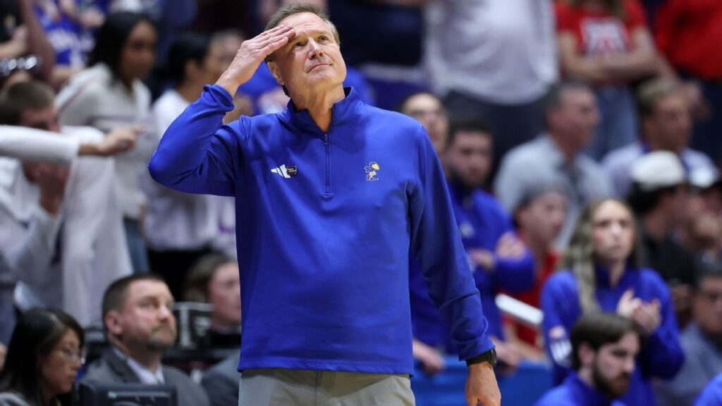 Kansas Jayhawks head coach Bill Self looking thoughtful on the sidelines