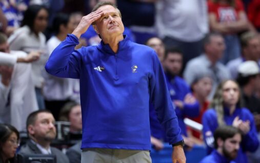 Kansas Jayhawks head coach Bill Self looking thoughtful on the sidelines