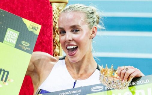 Keely Hodgkinson smiling on the track in her Great Britain athletics kit