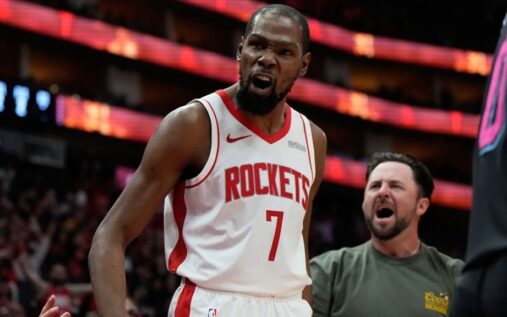 Kevin Durant of the Houston Rockets shooting a three-pointer during an NBA basketball game