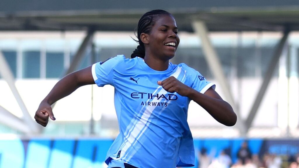 Khadija Shaw celebrates scoring for Manchester City in their Women's Super League victory over Tottenham Hotspur.