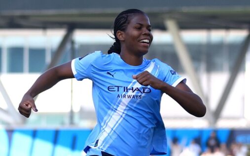 Khadija Shaw celebrates scoring for Manchester City in their Women's Super League victory over Tottenham Hotspur.