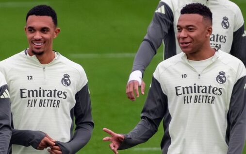 Kylian Mbappe taking part in a training session with Real Madrid
