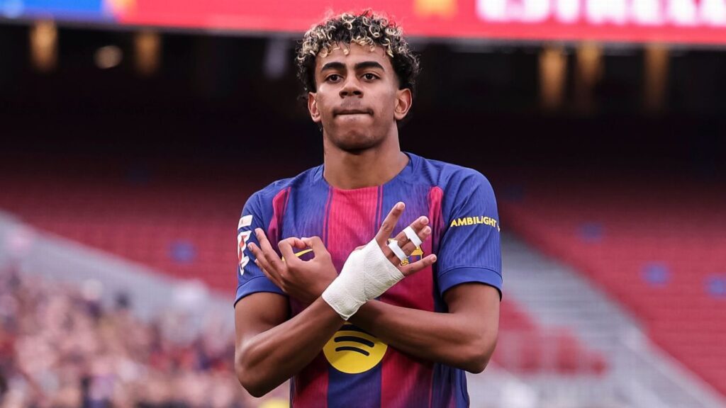 Lamine Yamal celebrating a goal for Barcelona in a La Liga match