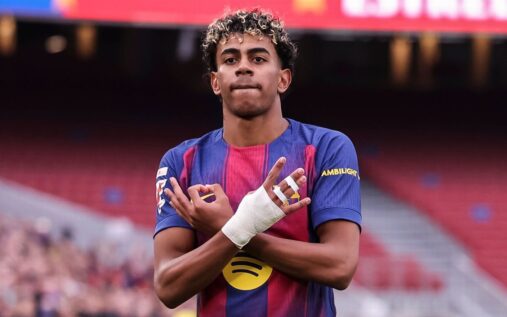 Lamine Yamal celebrating a goal for Barcelona in a La Liga match