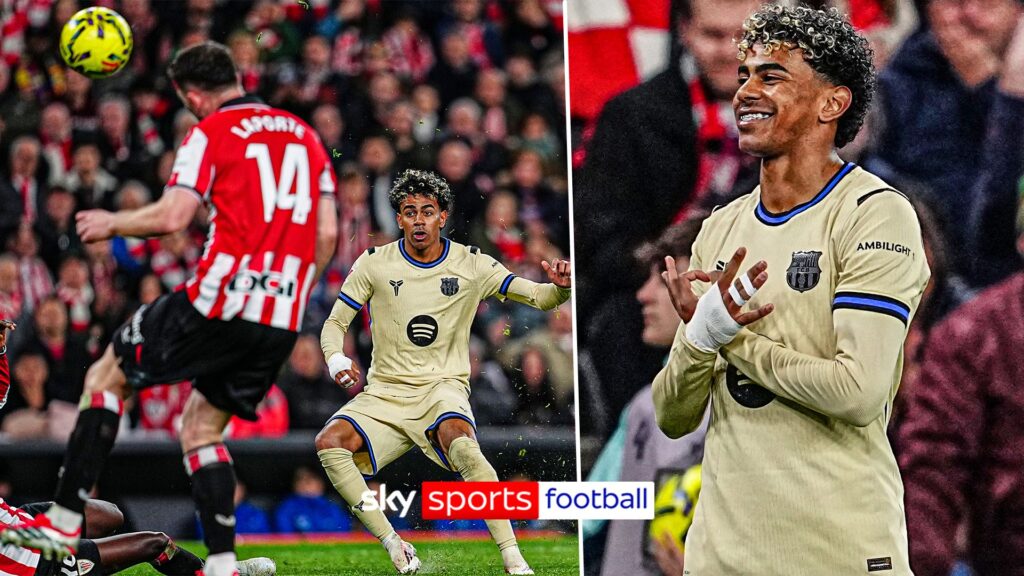 Lamine Yamal celebrating his winning goal for Barcelona against Athletic Bilbao