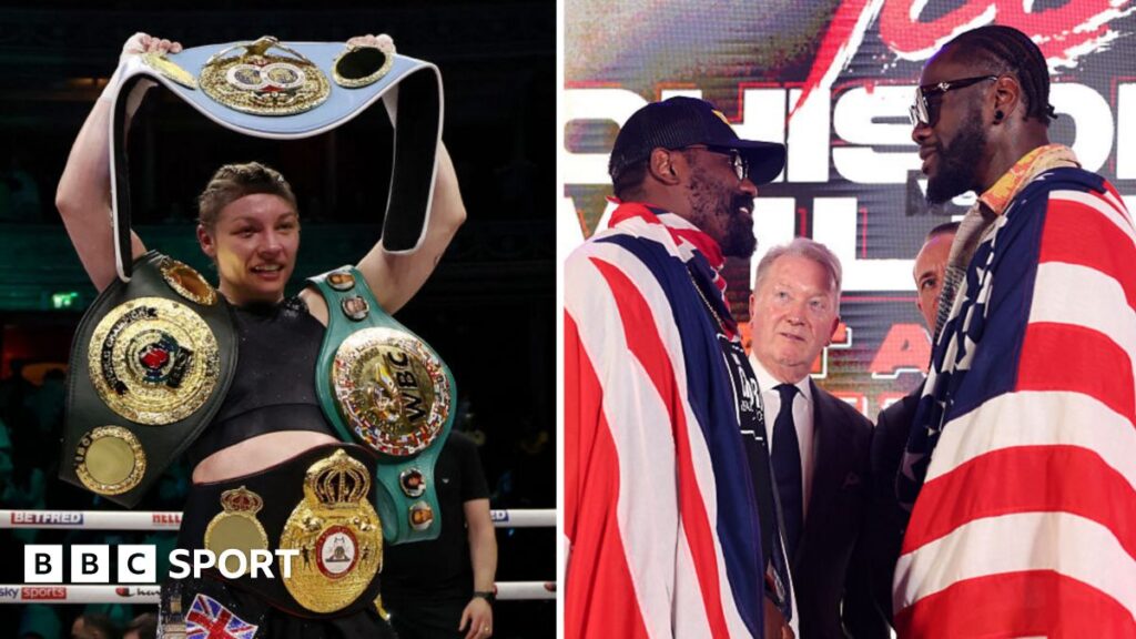 Lauren Price celebrating a boxing victory and Deontay Wilder posing in the ring