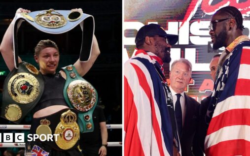 Lauren Price celebrating a boxing victory and Deontay Wilder posing in the ring