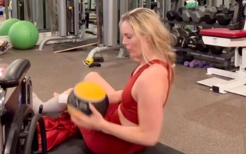 Lindsey Vonn in skiing gear prior to her injury at the Winter Olympics