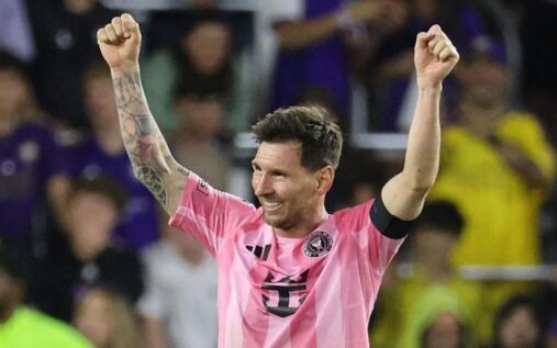 Lionel Messi celebrating a goal for Inter Miami in his pink home jersey