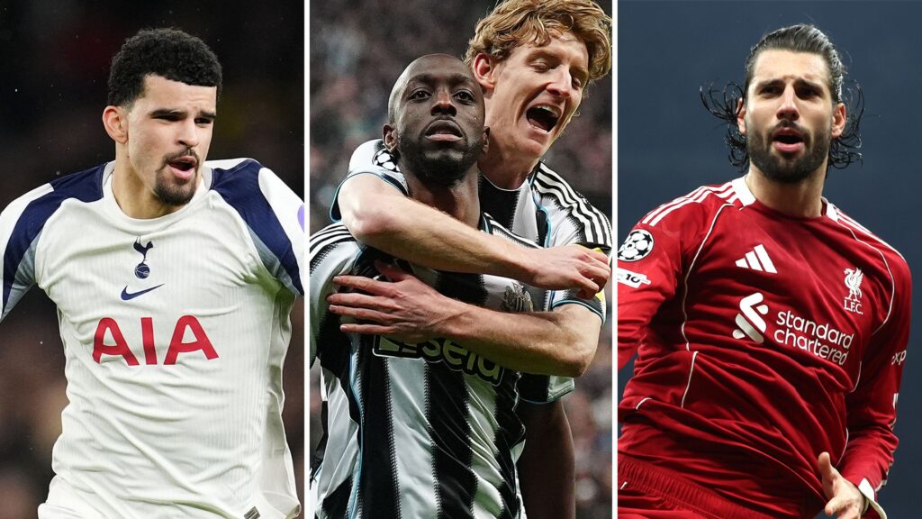 A split image showing Liverpool and Tottenham Hotspur players in Champions League match action