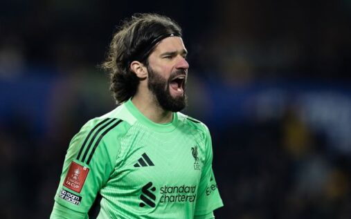 Liverpool goalkeeper Alisson Becker looking focused during a Premier League match