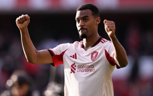 Liverpool midfielder Ryan Gravenberch applauding fans at Anfield