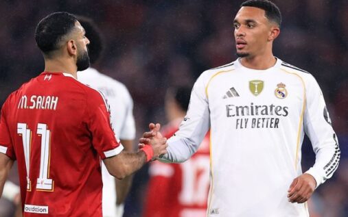 Trent Alexander-Arnold playing for Real Madrid in a white kit