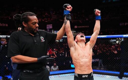 Lone'er Kavanagh landing a leg kick against Brandon Moreno during their UFC fight in Mexico City