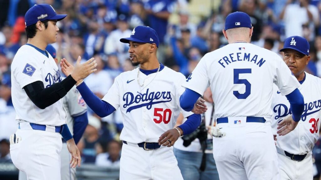 Los Angeles Dodgers players celebrating a victory in their home stadium
