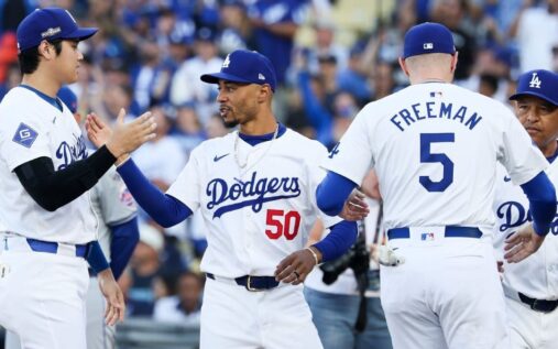 Los Angeles Dodgers players celebrating a victory in their home stadium
