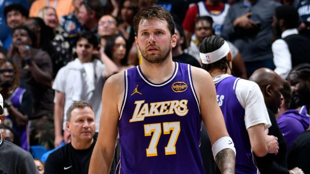 Luka Doncic of the Los Angeles Lakers arguing with a referee on the basketball court