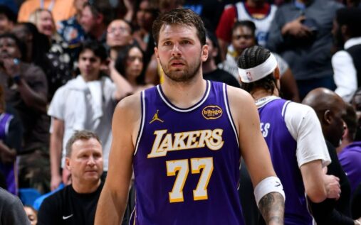 Luka Doncic of the Los Angeles Lakers arguing with a referee on the basketball court