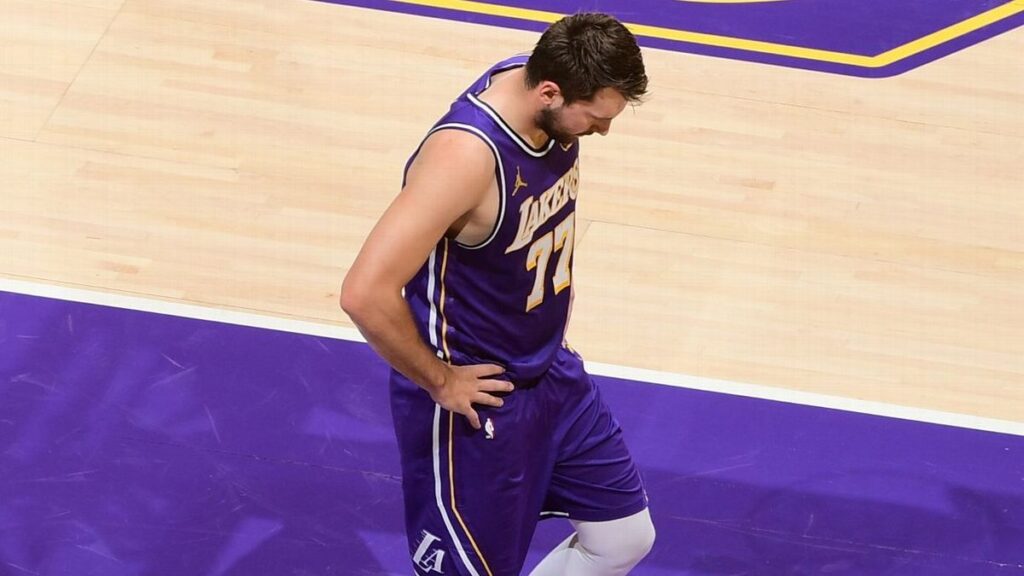 Luka Doncic of the Los Angeles Lakers reacting on the basketball court
