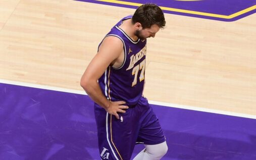 Luka Doncic of the Los Angeles Lakers reacting on the basketball court