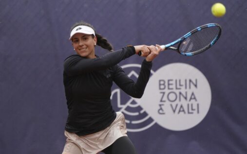 Lucrezia Stefanini playing a forehand shot during a professional tennis match on a hard court