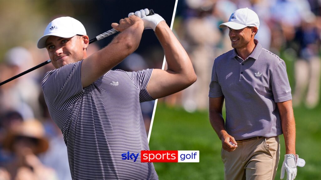 Swedish golfer Ludvig Åberg reacting to a successful putt on the green at TPC Sawgrass during The Players Championship.