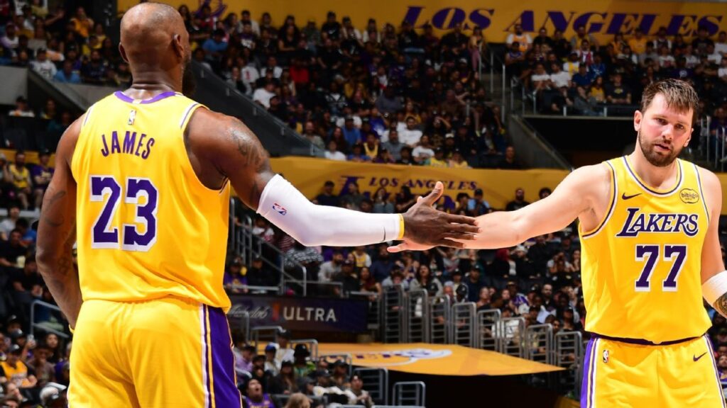 Luka Doncic of the Los Angeles Lakers celebrating on the basketball court