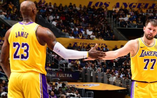 Luka Doncic of the Los Angeles Lakers celebrating on the basketball court