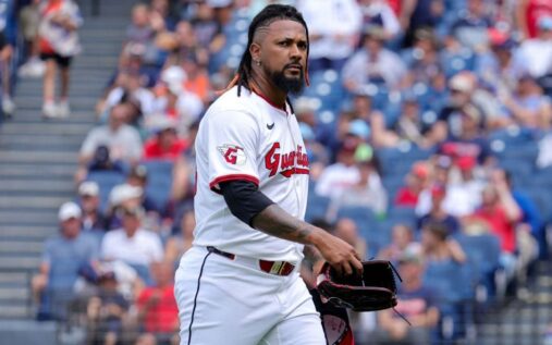 Cleveland Guardians pitchers Emmanuel Clase and Luis Ortiz on the baseball field