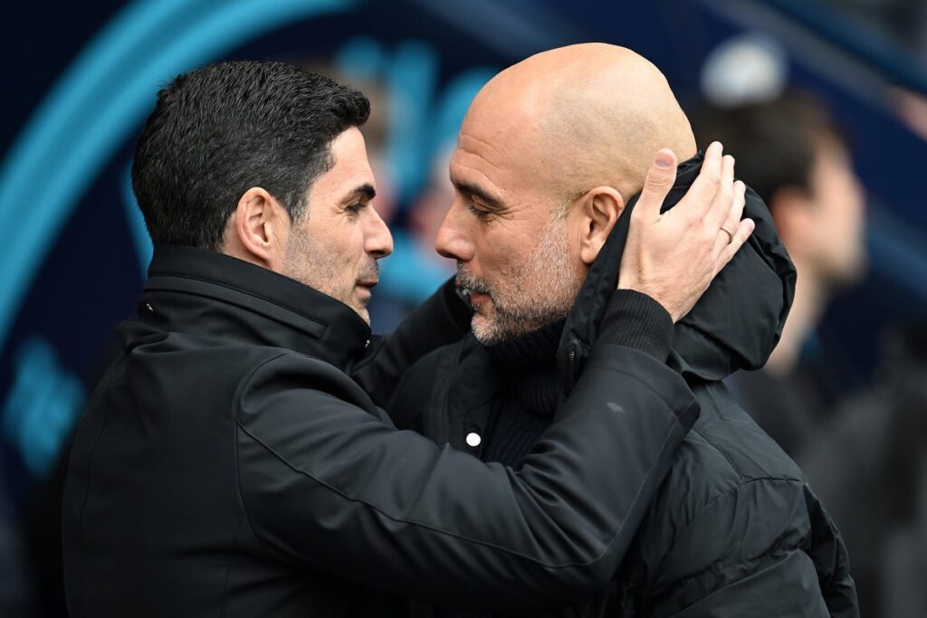 Pep Guardiola and Mikel Arteta issuing instructions from the touchline during a match