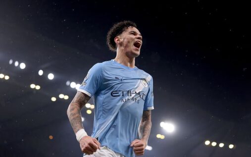 Nico O'Reilly playing for Manchester City on the football pitch