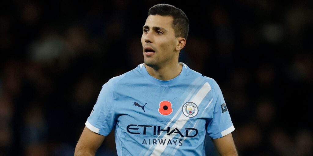 Manchester City midfielder Rodri looking serious during a Premier League match