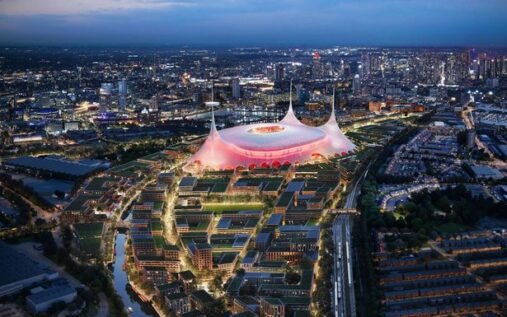 Aerial graphic showcasing the proposed new Manchester United stadium development next to Old Trafford