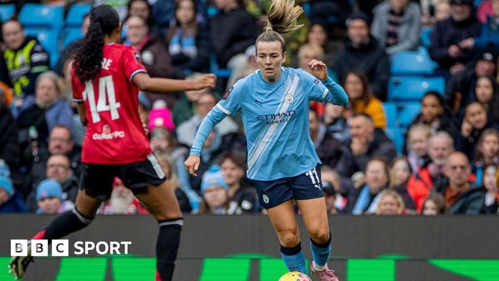 Manchester United and Manchester City players battling for the ball during a crucial Women's Super League derby match.