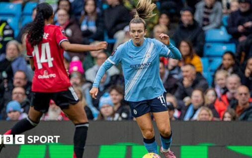 Manchester United and Manchester City players battling for the ball during a crucial Women's Super League derby match.