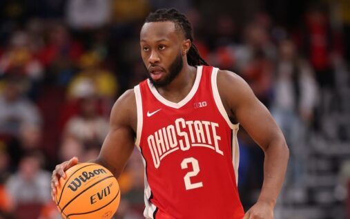 A basketball tip-off during a men's NCAA Tournament March Madness game