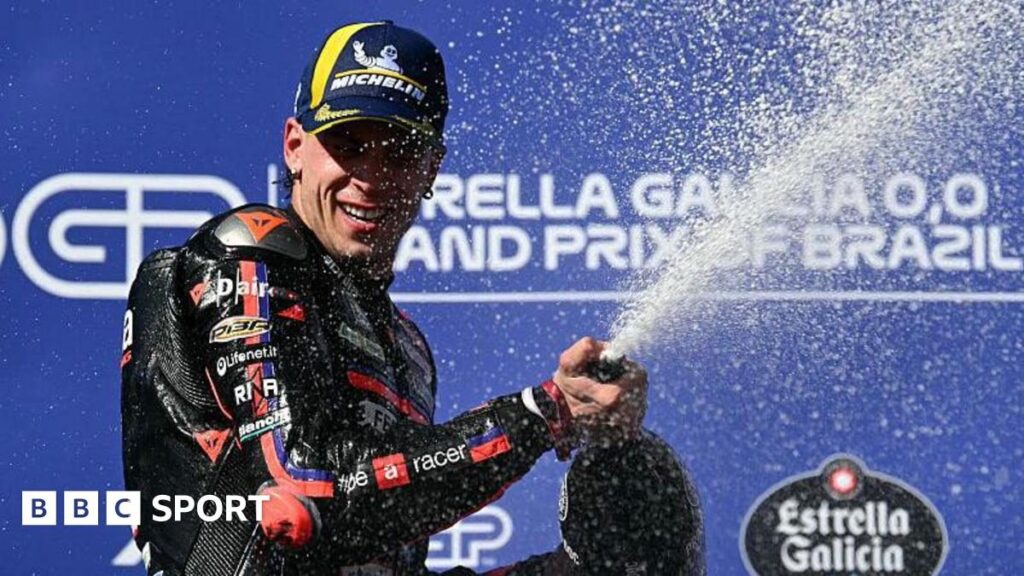 Marco Bezzecchi riding his Aprilia motorcycle during the Brazil MotoGP race