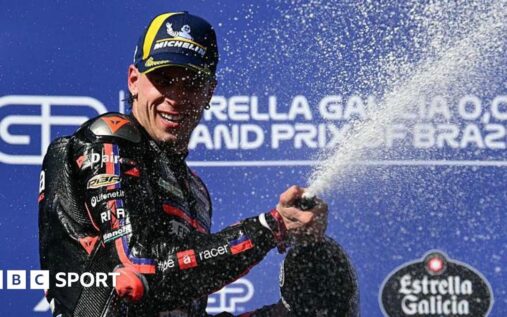 Marco Bezzecchi riding his Aprilia motorcycle during the Brazil MotoGP race