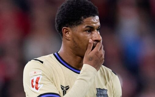 Marcus Rashford looking dejected on the pitch while playing for Barcelona in a La Liga match