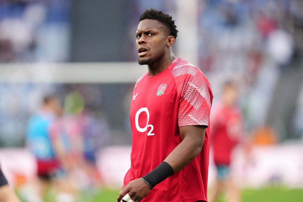 England rugby captain Maro Itoje looking determined on the pitch during a match