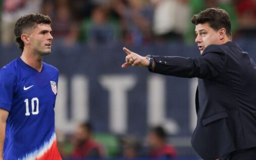 USMNT manager Mauricio Pochettino directing his players from the touchline during an international match.
