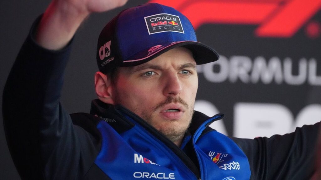 Max Verstappen looking serious during a Formula 1 press conference