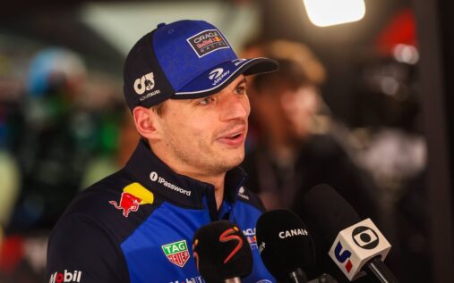 Max Verstappen driving a Mercedes-AMG GT3 car on the Nurburgring Nordschleife track