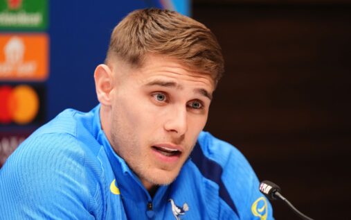 Micky van de Ven speaking at a Tottenham Hotspur press conference